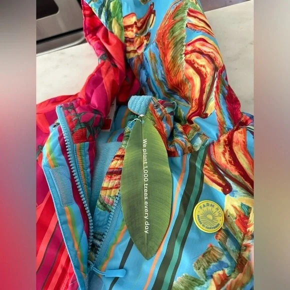 Farm Rio- NWT Multicolored Hooded Mix Scarves Printed Puffer Belted Ski Jacket - Picture 7 of 10